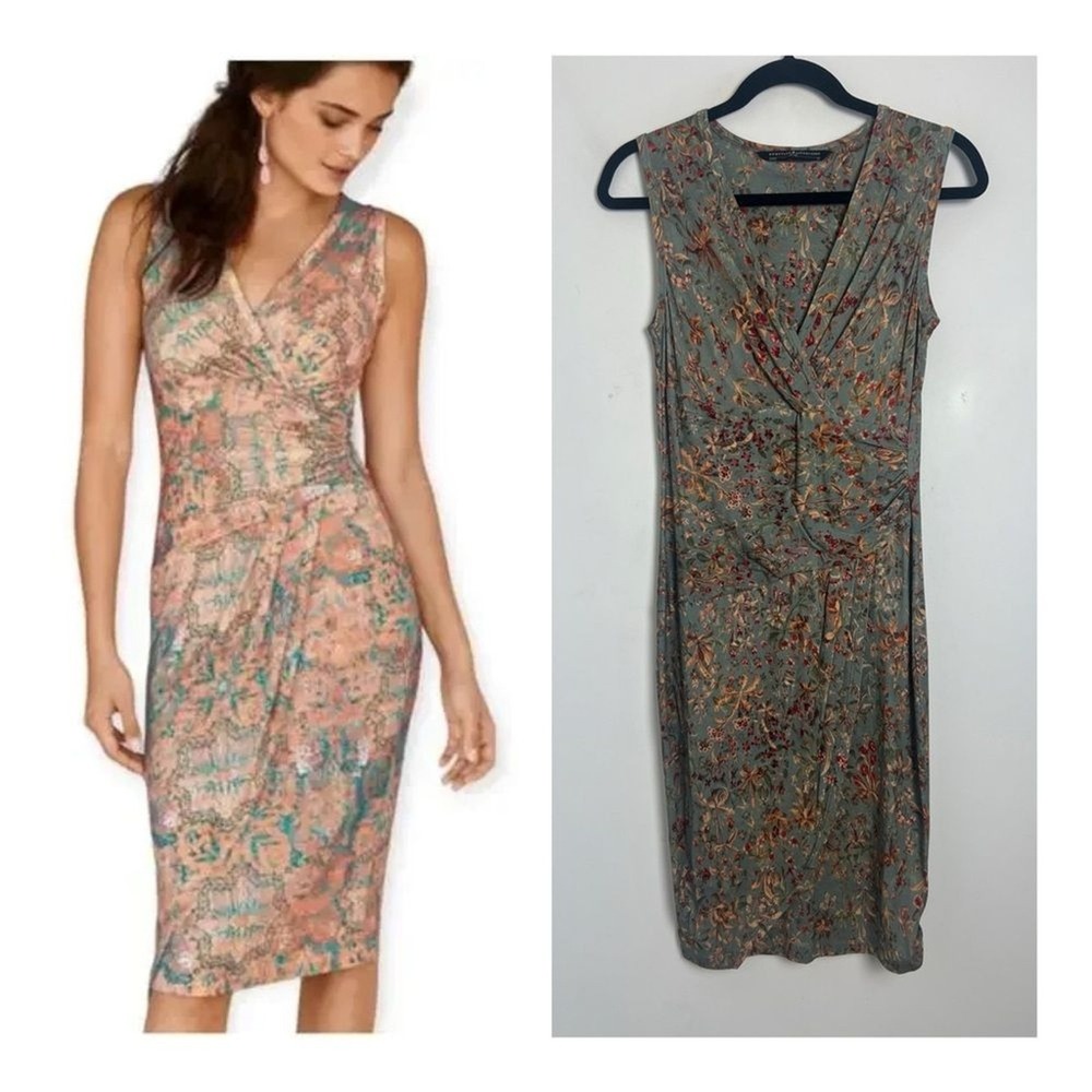 Peruvian Connection Size XS Halcyon Olive Green Floral Faux Wrap Dress